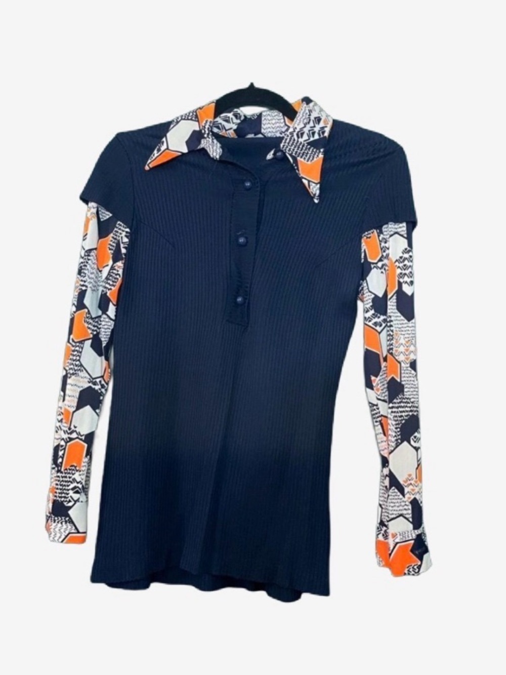 Vintage 1970s Navy Ribbed Polo Top with Printed Sleeve and Collar